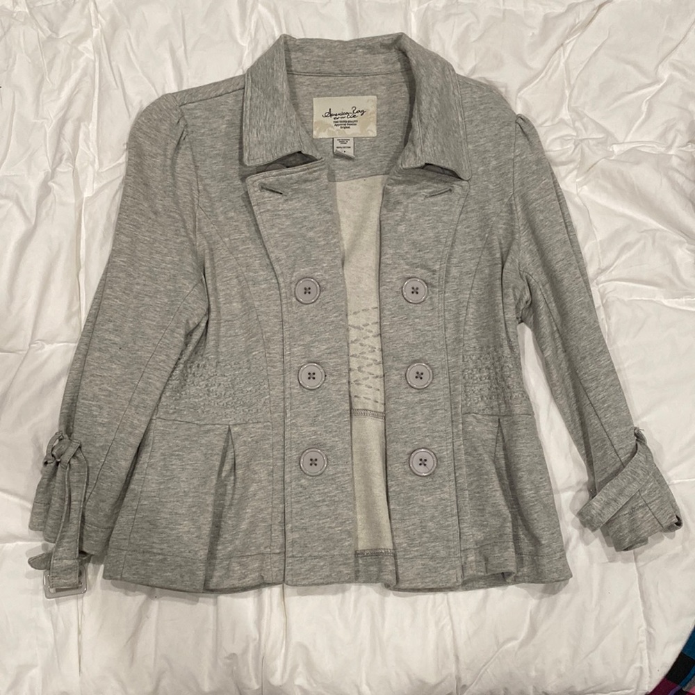 American Rag light gray casual jacket, peplum, buttons, ties
